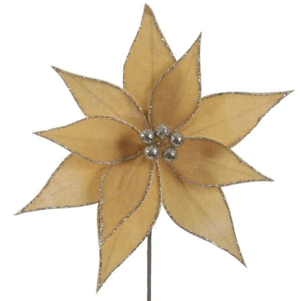 Pick natalino Flor Poinsétia Bico de Papagaio champanhe em veludo com glitter 20x25