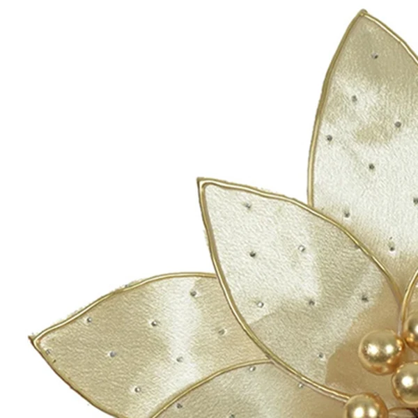 Pick natalino Flor Poinsétia Bico de Papagaio dourado em veludo com pontos de luz 20 cm