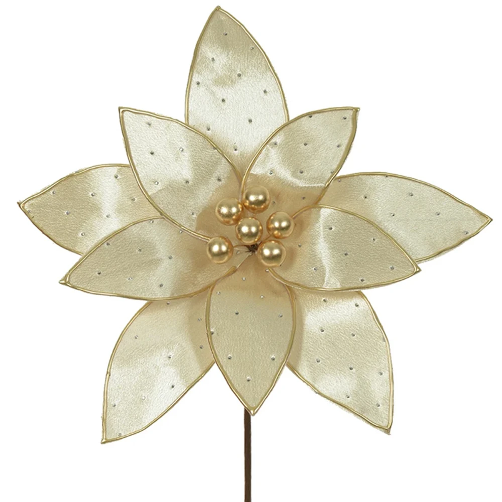 Pick natalino Flor Poinsétia Bico de Papagaio dourado em veludo com pontos de luz 20 cm