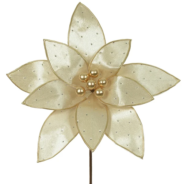 Pick natalino Flor Poinsétia Bico de Papagaio dourado em veludo com pontos de luz 20 cm