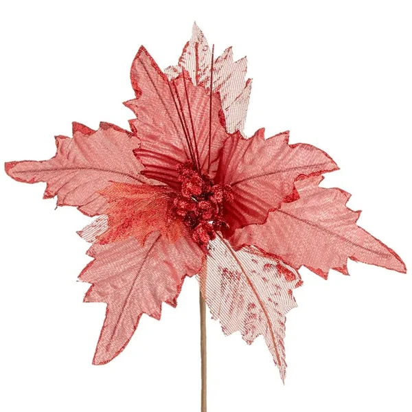 Pick natalino Flor Poinsétia Bico de Papagaio vermelho com glitter 40 cm