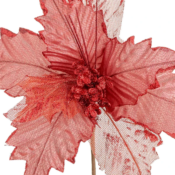 Pick natalino Flor Poinsétia Bico de Papagaio vermelho com glitter 40 cm