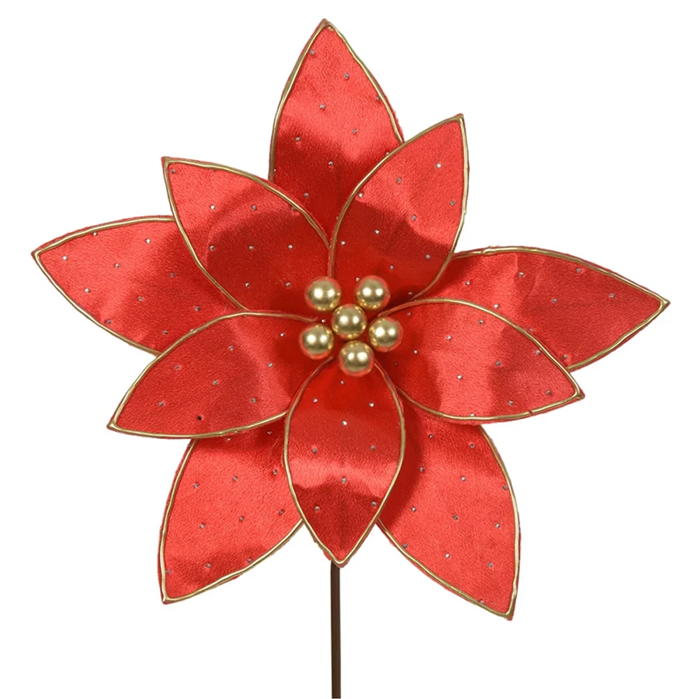 Pick natalino Flor Poinsétia Bico de Papagaio vermelho em veludo com pontos de luz 20 cm