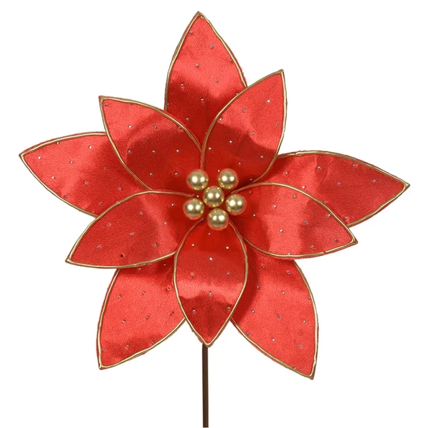 Pick natalino Flor Poinsétia Bico de Papagaio vermelho em veludo com pontos de luz 20 cm