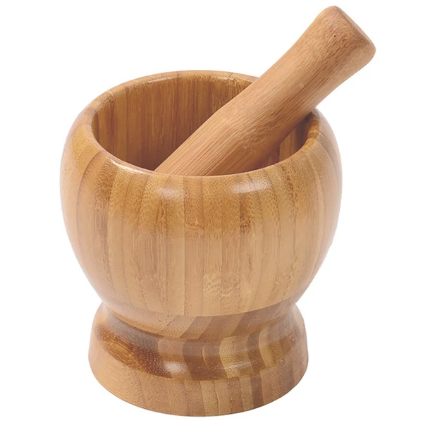 Pilão de bambu com socador para amassar alho