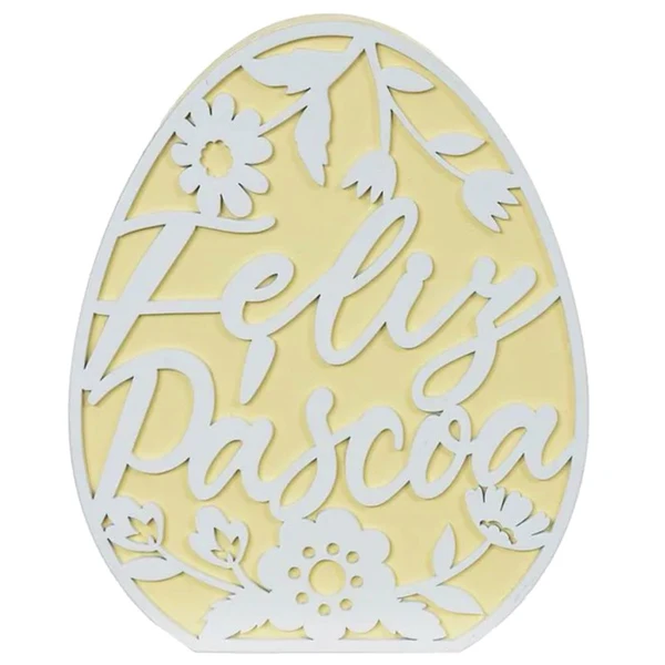 Placa decorativa de madeira Ovo de Páscoa amarelo 20x16,5x2,8