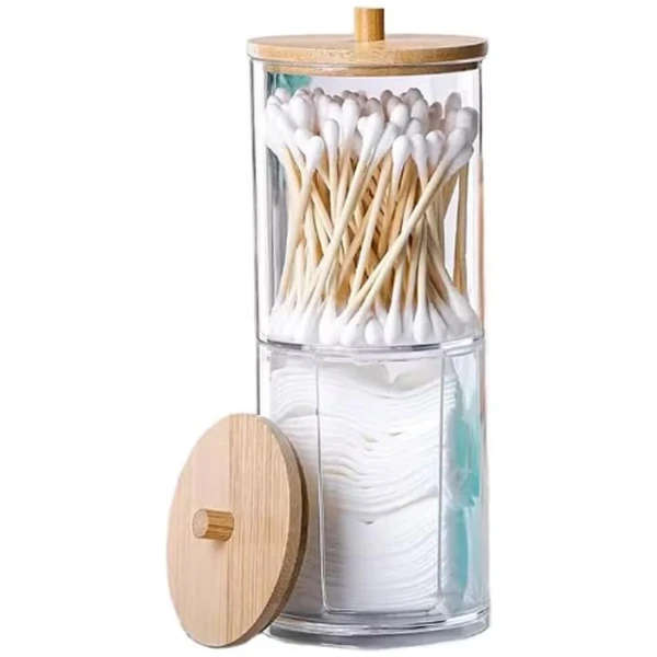 Porta algodão e cotonetes de acrílico com tampa de bambu 7x17,3