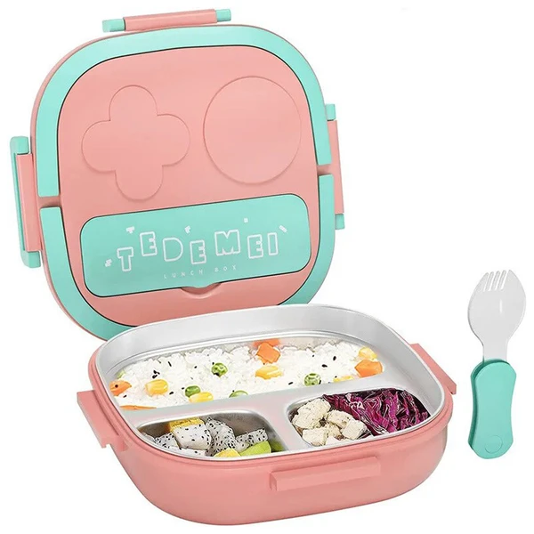 Pote marmita infantil com compartimentos em inox e garfinho 17x17x6