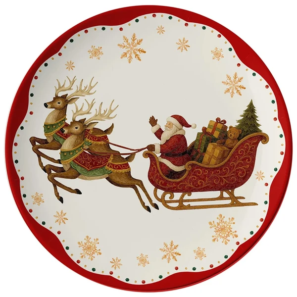 Prato natalino para sobremesa em melamina com estampa Papai Noel no trenó 20 cm