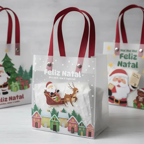 Sacola natalina de plástico para presentes Feliz Natal 13x15x6