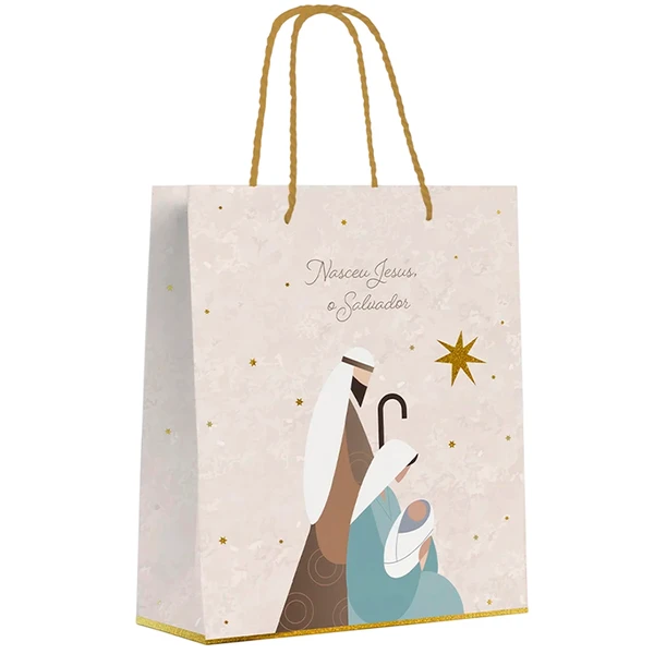 Sacola natalina para presentes Presépio com a Sagrada Família 15,5x14x7