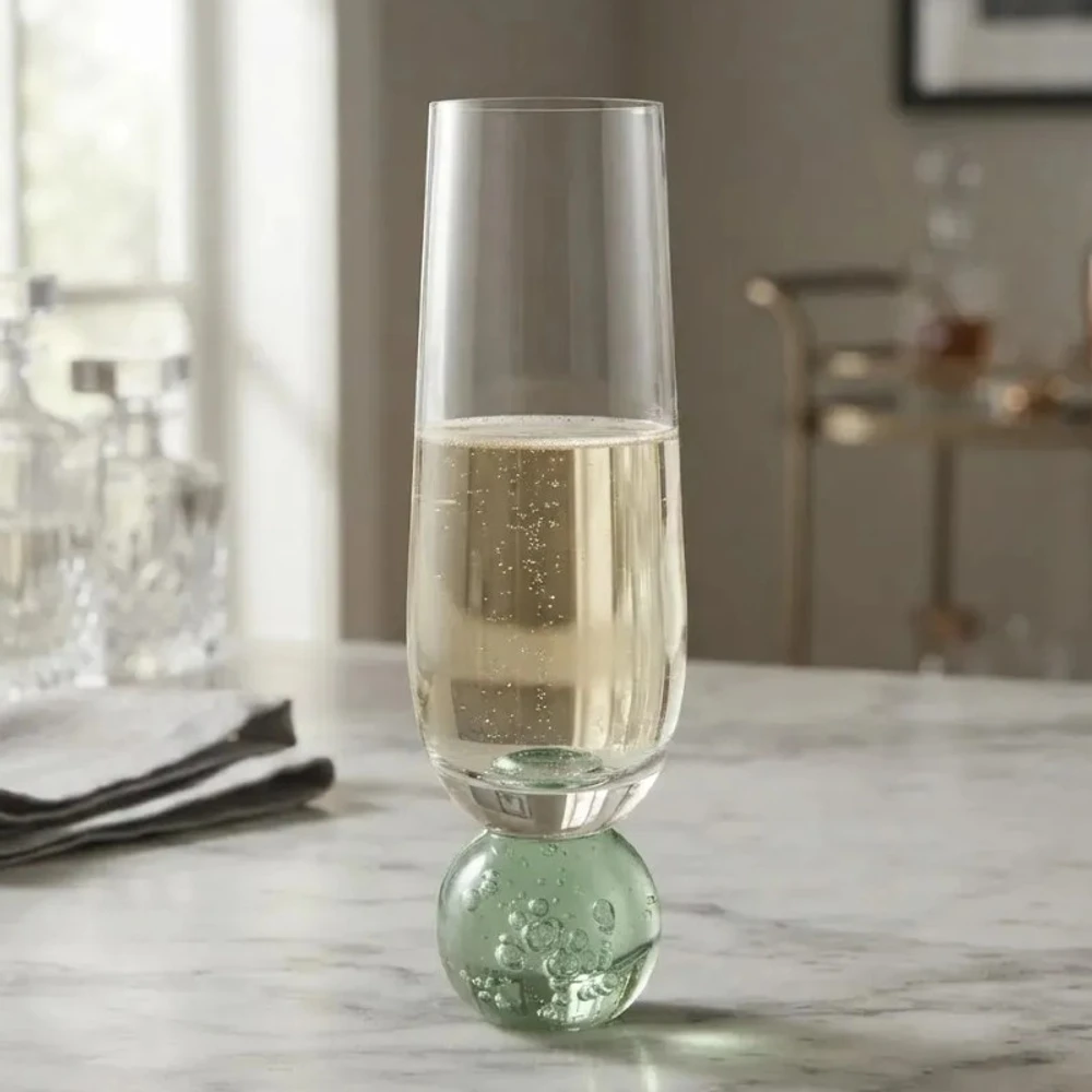 Taça de vidro para champanhe com base de esfera Bubble verde 300 ml