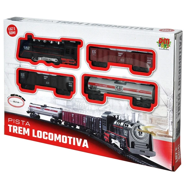 Trem Locomotiva à pilhas com 3 vagões, circuito de trilhos, luz e som 85,5 cm