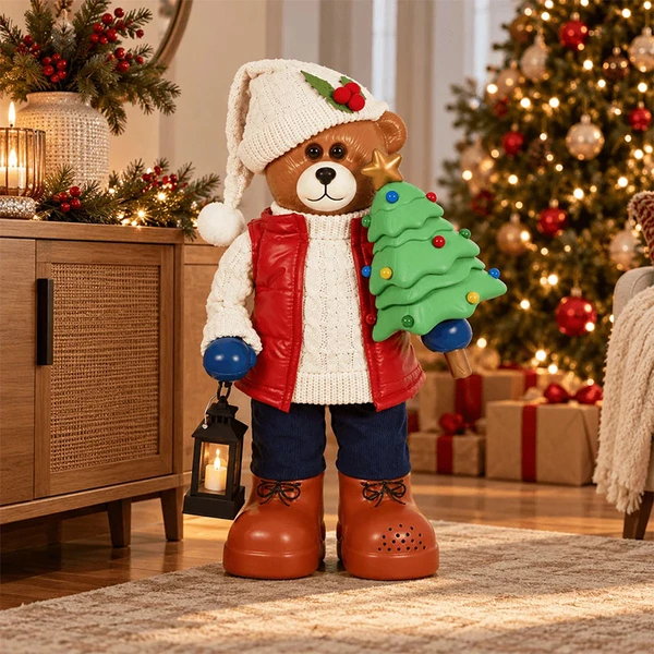 Urso natalino com colete puffer, árvore de Natal e lanterna com vela de LED 50 cm