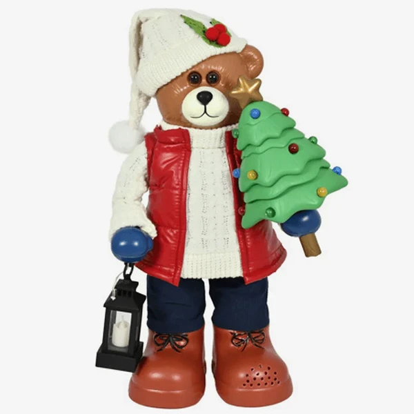 Urso natalino com colete puffer, árvore de Natal e lanterna com vela de LED 50 cm