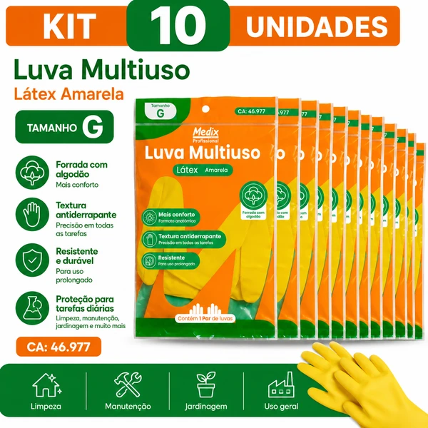 KIT 10 Luvas MULTIUSO Latex Amarela TAM G Medix CA 46997