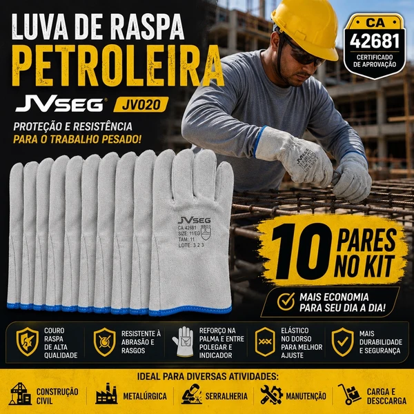 Kit 10 Luvas de Raspa Petroleira TAM 11 JVSEG CA 42681