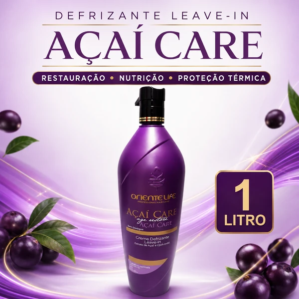 Creme Defrizante Leave-in Açaí Care Oriente Life 1 Litro, Restauração, Nutrição e Proteção Térmica