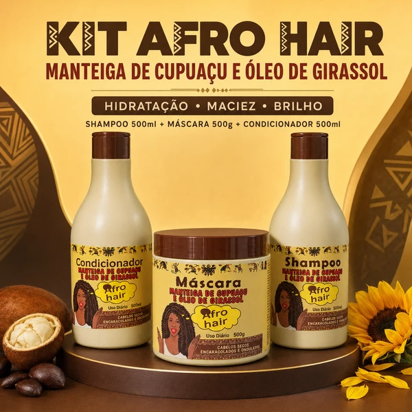 Kit Maycrene Afro Hair Manteiga de Cupuaçu e Óleo de Girassol, Shampoo e Condicionador 500ml + Máscara 500g