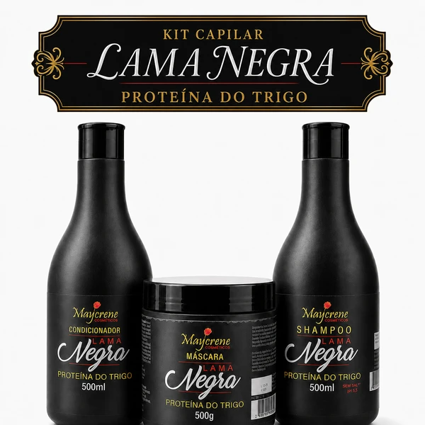 Kit Maycrene Lama Negra com Proteína do Trigo, Shampoo e Condicionador 500ml + Máscara 500g