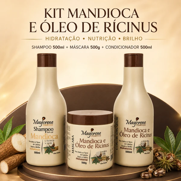 Kit Maycrene Mandioca e Óleo de Rícino, Shampoo e Condicionador 500ml + Máscara 500g