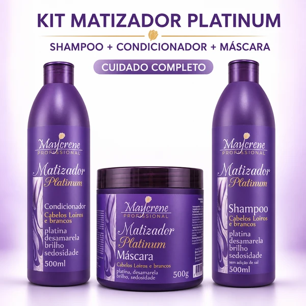 Kit Maycrene Matizador Platinum para Cabelos Loiros e Brancos, Shampoo e Condicionador 500ml + Máscara 500g
