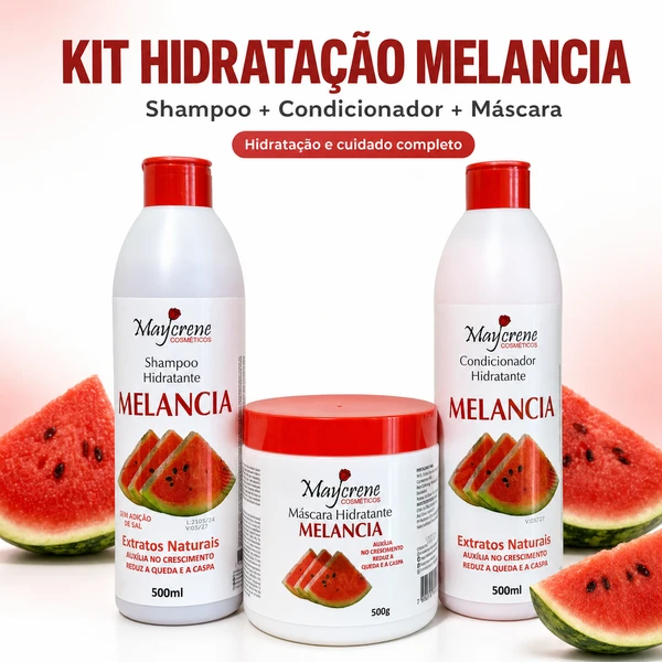 Kit Maycrene Melancia Hidratante, Shampoo e Condicionador 500ml + Máscara 500g com Extratos Naturais