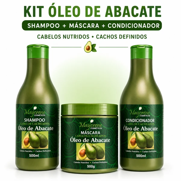 Kit Maycrene Óleo de Abacate para Cabelos Cacheados, Shampoo e Condicionador 500ml + Máscara 500g