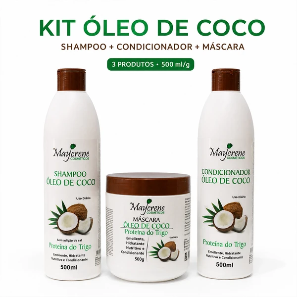 Kit Maycrene Óleo de Coco com Proteína do Trigo, Shampoo e Condicionador 500ml + Máscara 500g