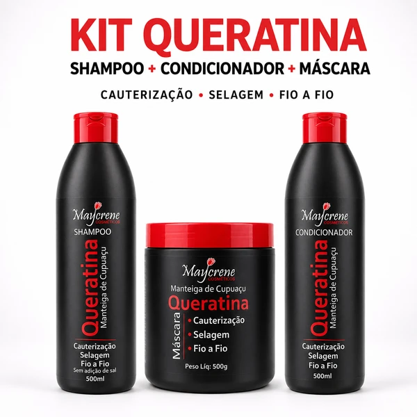 Kit Maycrene Queratina com Manteiga de Cupuaçu, Shampoo e Condicionador 500ml + Máscara 500g