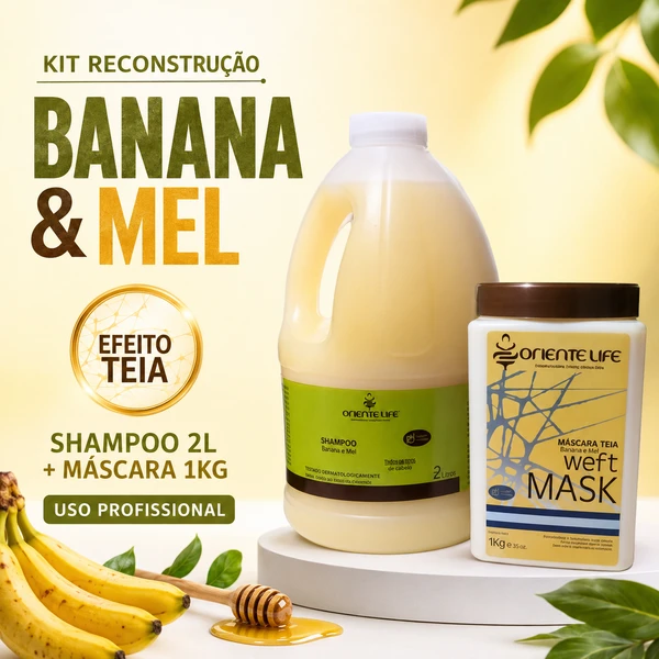 Kit Reconstrução Banana e Mel Efeito Teia, Shampoo 2L + Máscara 1kg Oriente Life
