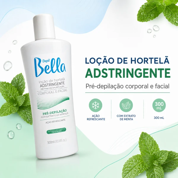 Loção de Hortelã Adstringente Depil Bella 300ml, Pré-Depilação Corporal e Facial