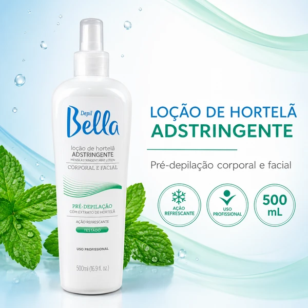 Loção de Hortelã Adstringente Depil Bella 500ml Pré-Depilação Corporal e Facial Profissional