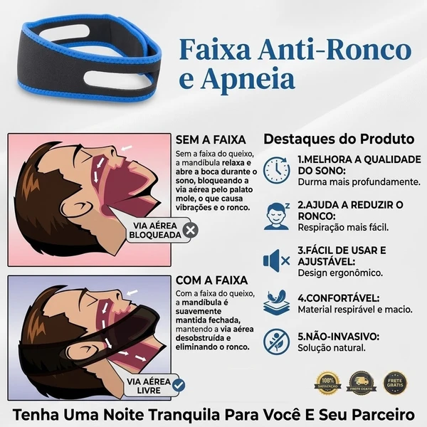 Faixa Anti Ronco Queixeira Ajustável Apoio Mandíbula para Parar de Roncar e Dormir Bem em Casa