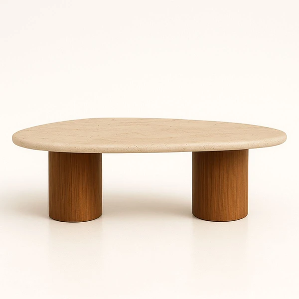Mesa de Centro Astrid 137x90 cm Base dupla Nogueira Tampo Mármore Travertino