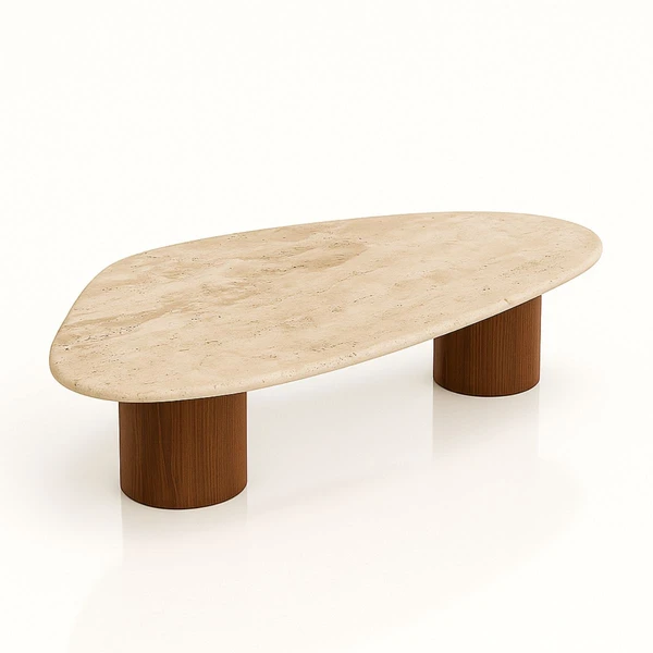 Mesa de Centro Astrid 160x90 cm Base dupla Nogueira Tampo Mármore Travertino