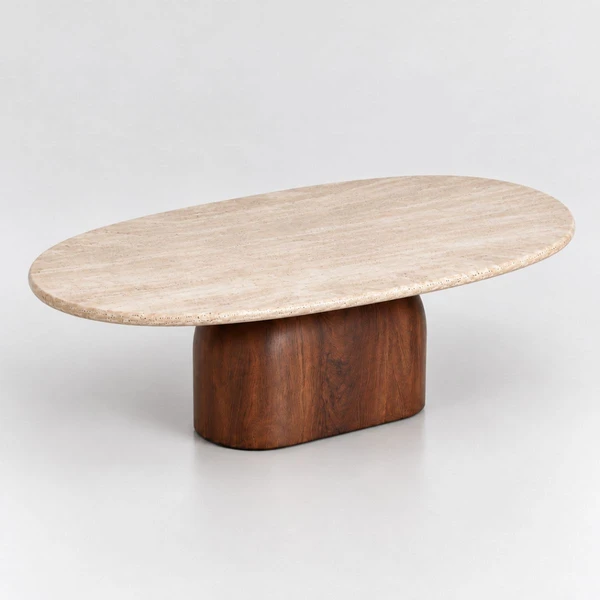 Mesa de Centro Oblongo Balance 120x80 cm Tampo Mármore Travertino Base Nogueira