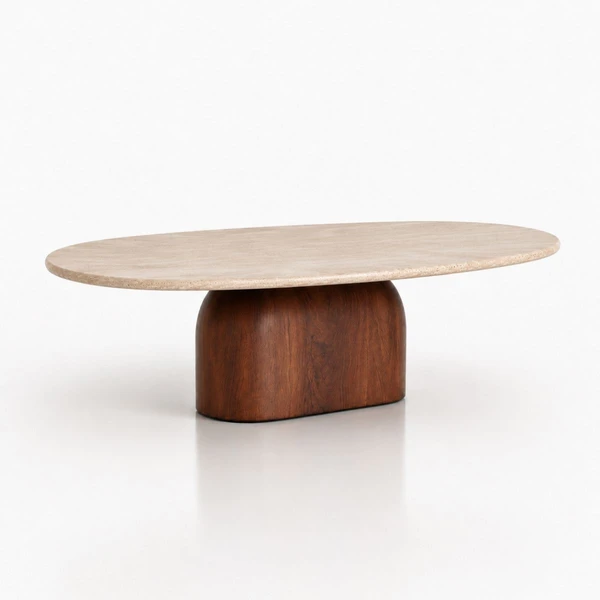 Mesa de Centro Oblongo Balance 120x80 cm Tampo Mármore Travertino Base Nogueira