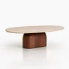 Mesa de Centro Oblongo Balance 120x80 cm Tampo Mármore Travertino Base Nogueira