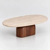 Mesa de Centro Oblongo Balance 160x90 cm Tampo Mármore Travertino Base Nogueira