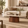 Mesa de Centro Oblongo Balance 160x90 cm Tampo Mármore Travertino Base Nogueira