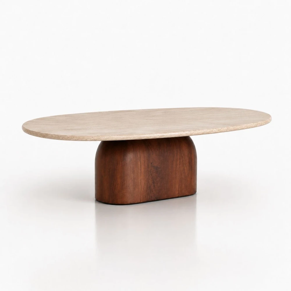 Mesa de Centro Oblongo Balance 160x90 cm Tampo Mármore Travertino Base Nogueira