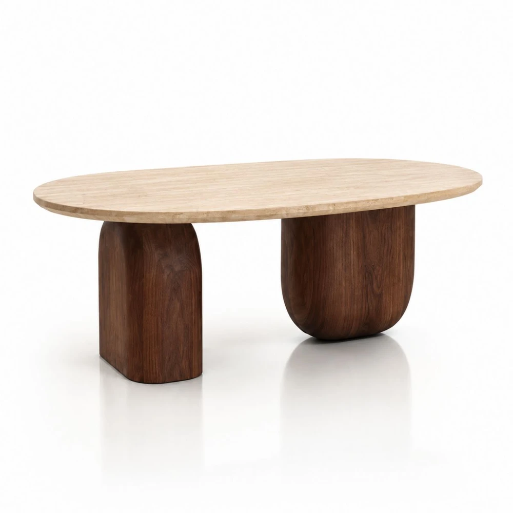 Mesa de Centro Oblongo Balance com Base Dupla 120x80 cm Tampo Mármore Travertino Romano Base Nogueira