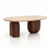 Mesa de Centro Oblongo Balance com Base Dupla 137x90 cm Tampo Mármore Travertino Romano Base Nogueira