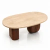 Mesa de Centro Oblongo Balance com Base Dupla 160x90 cm Tampo Mármore Travertino Romano Base Nogueira