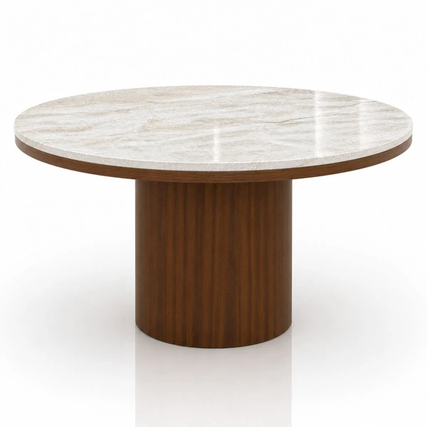 Mesa de Jantar 130 cm Base Cilíndrica Nogueira e Tampo Duplo Mármore Quartzito Taj Mahal