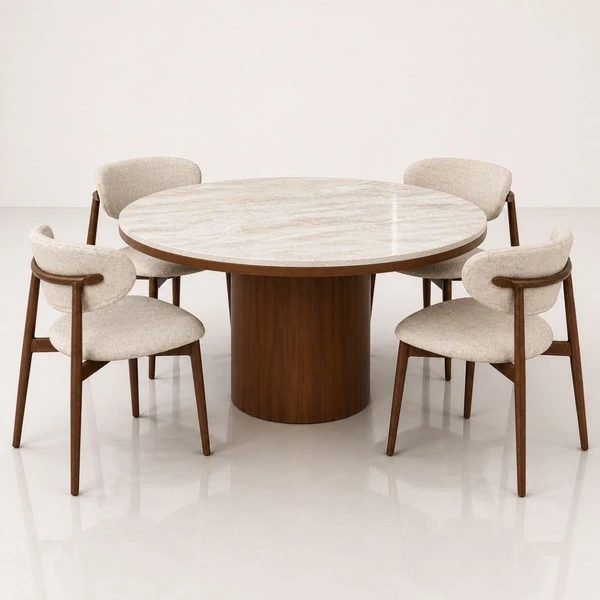 Mesa de Jantar 130 cm Base Cilíndrica Nogueira e Tampo Duplo Mármore Quartzito Taj Mahal