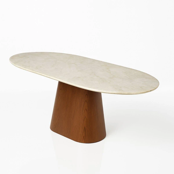 Mesa de Jantar Cone Oblongo 244x137 cm Tampo Mármore Quartzito Taj Mahal e Base Nogueira