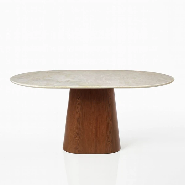 Mesa de Jantar Cone Oblongo 244x137 cm Tampo Mármore Quartzito Taj Mahal e Base Nogueira