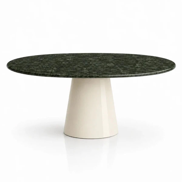 Mesa de Jantar Cone Oval 120x80 cm Tampo Mármore Verde Guatemala Base Laca Off White